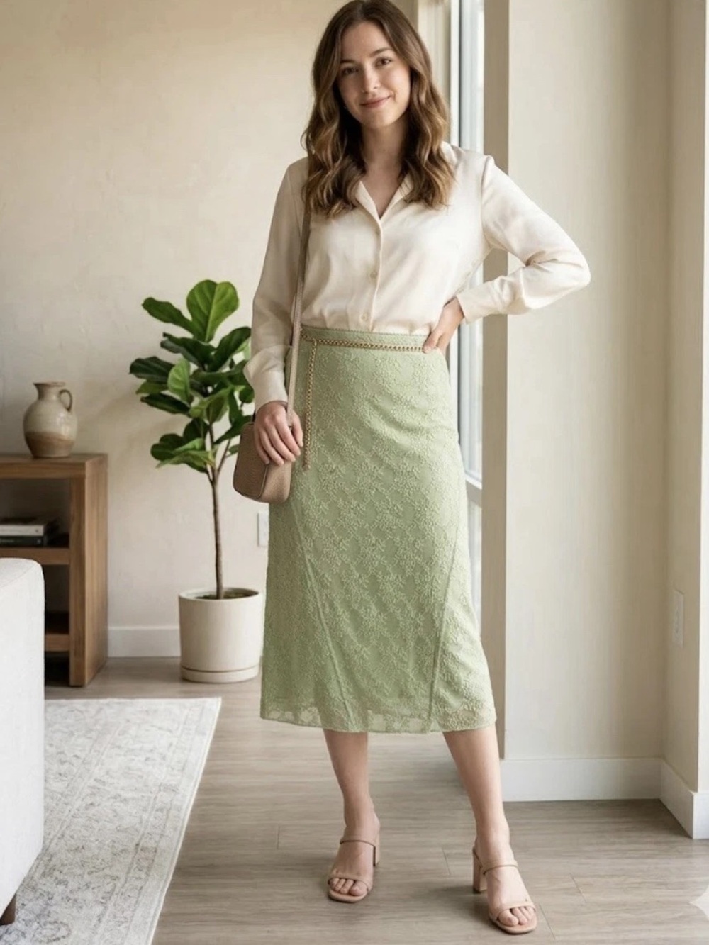 Free People Lace Sheer Mint Midi Pencil Skirt Size Medium NWT